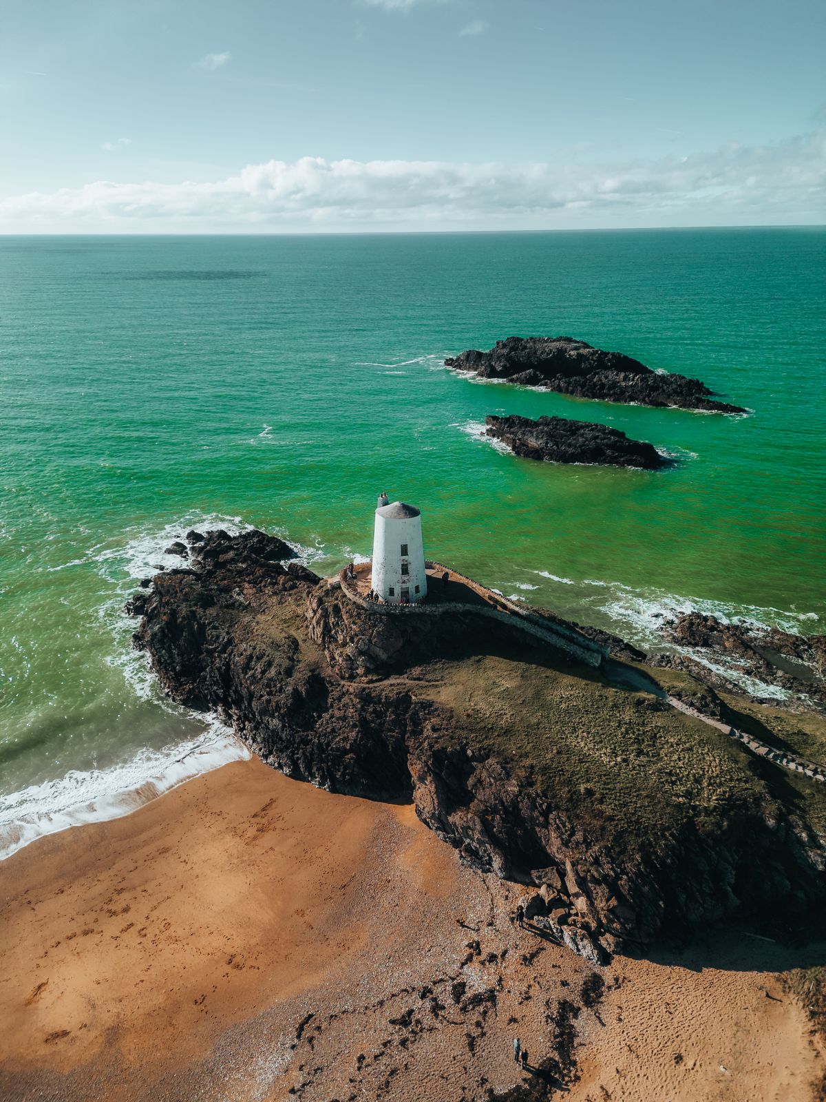 Aerial view of Tŵr Mawr lighthouse on Ynys Llanddwyn, Anglesey